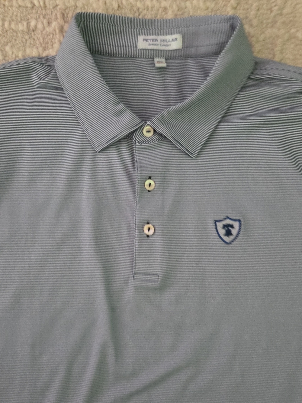Peter Millar Summer Comfort Blue Microstripe Golf Polo Shirt Liberty Bell XXL